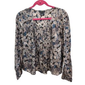 Rafaella Woman's Silk Black Teal Print Pin Tucked Long Sleeve Blouse Size 8